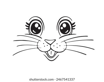 Animal face drawing, cute cat face with eyes and nose, fawn, pet, mascot. Smiling head of the beast. Vector line drawing for children, embroidery.