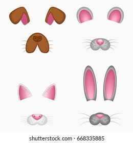 Animal Face Elements - Ears And Nose. Dog, Mouse, Cat, Bunny, Rabbit Or Hare. Selfie Photo And Video Chart Filter With Cartoon Animals Mask. Vector Illustration. 