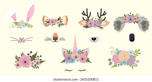 Animal face elements set cartoon flat design ears vector illustration isolated. Rabbit, fox, koala, unicorn deer mask filter with flower crown. Vector illustration