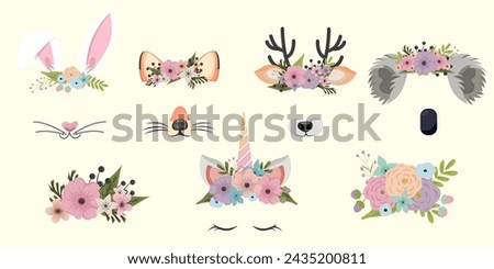 Animal face elements set cartoon flat design ears vector illustration isolated. Rabbit, fox, koala, unicorn deer mask filter with flower crown. Vector illustration