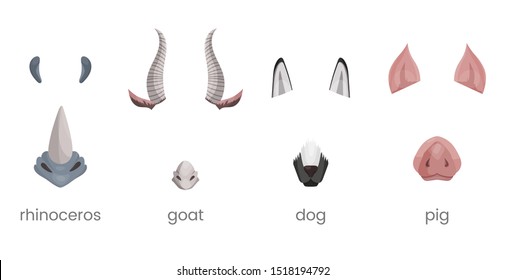 Animal face elements set. Animal ears and nose. Video chart filter effect for selfie photo. Cartoon mask of rhino, goat, dog, pig.