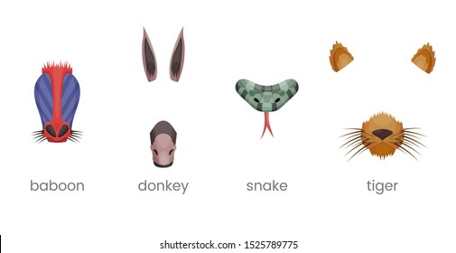 Animal face elements set. Animal ears and nose. Video chart filter effect for selfie photo. Cartoon mask of baboon, monkey, donkey, snake, dog.