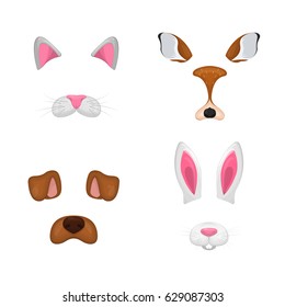 Animal face elements set. Vector illustration. Animal character ears and nose. Video chart filter effect for selfie photo decor. Constructor. Cartoon mask of cat,deer,rabbit,dog. Isolated on white. 