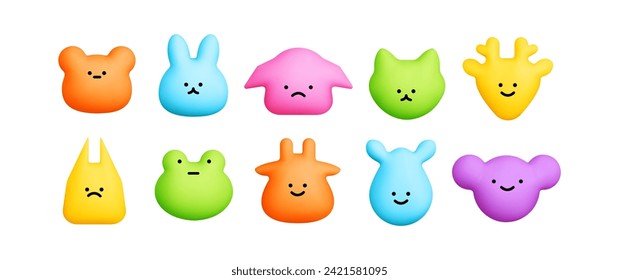 Animal face emoji. Cute kawaii cat,dog,bear, rabbit, cow, pig, deer,frog kid sticker. Baby animal character 3d cartoon style. Vector illustration