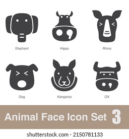 Animal face flat design icons, Vector black illustration