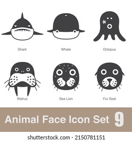 Animal face flat design icons, Vector black illustration
