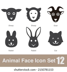 Animal face flat design icons, Vector black illustration