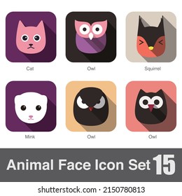 Animal face flat icon set, Vector illustration