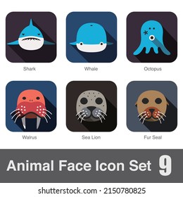 Animal face flat icon set, Vector illustration