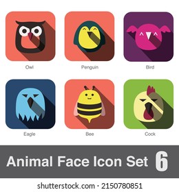 Animal face flat icon set, Vector illustration