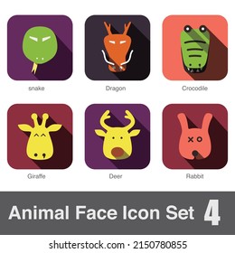 Animal face flat icon set, Vector illustration