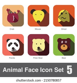 Animal face flat icon set, Vector illustration