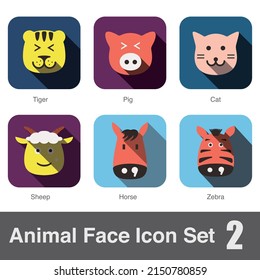 Animal face flat icon set, Vector illustration
