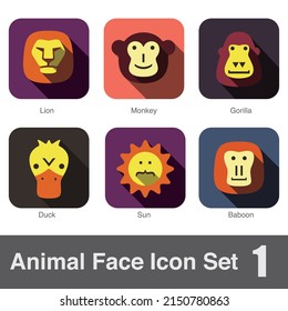 Animal face flat icon set, Vector illustration