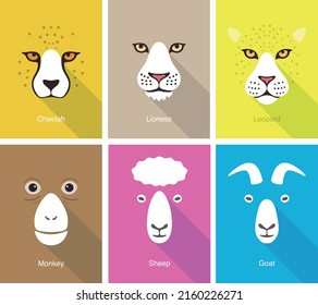 diseño de conjunto de iconos planos de cara animal, ilustración vectorial