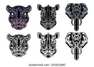 Animal face hippo, rhino, elephant vintage retro styled. Vector illustration isolated on white background. Design element for logo, badge, tattoo, banner, poster.