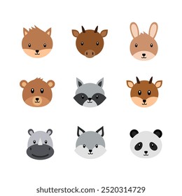 Animal face icon Flat style. collection of isolated cartoon illustrations