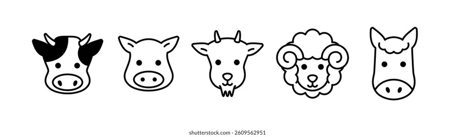 Animal face icon set. Cow, pig, goat, sheep, horse icons. Black color outline icon on white background.