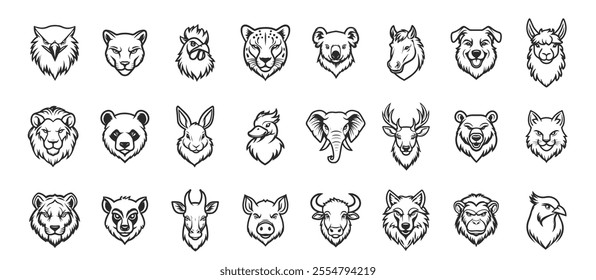 Animal face icon set. Funny collection head cartoon mammal and drawing zoo or farm character isolated white vector illustration