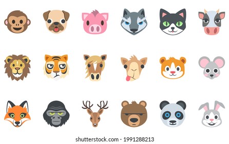 animal face icon set : monkey ,dog, tiger, fox, cat, wolf, cow, lion, horse ,camel ,mouse, gorilla, panda, rabbit, bear, dear  . flat vector illustration icon set .