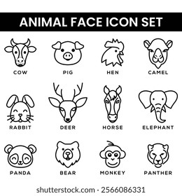 Animal face icon set in outline style featuring black-and-white illustrations of animals like cow, pig, rabbit, and elephant. For educational materials, graphic design, kids projects, and icons.