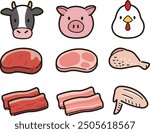 Animal face icons with their respective meats. Chicken, pork, beef