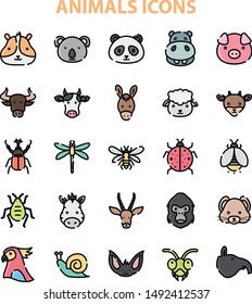 animal face iconset with outline and color style