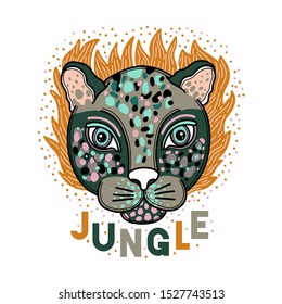 Animal face leopard creative concept.Hand drawn naive style.Vector illustration.