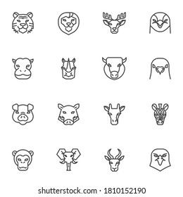 Animal face line icons set, animal head front view outline vector symbol collection, linear style pictogram pack. Signs, logo illustration. Set includes icons as tiger, elephant, monkey, giraffe