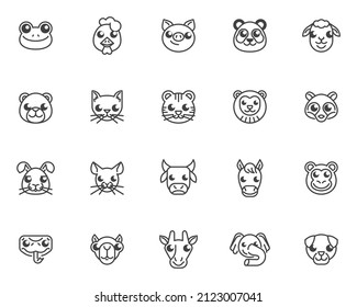 Animal face line icons set. linear style symbols collection, outline signs pack. Funny animals vector graphics. Set includes icons as chicken, pig, sheep, cow, mouse, cat, dog, snake, monkey, elephant