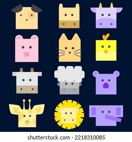 animal face mascot with box shape. there are dogs, pigs, cows, giraffes, tigers, elephants, cats, 