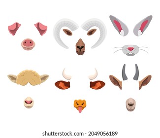 Animal face mask set for mobile application. Cartoon vector illustration of cute selfie filters with funny ears, nose, horns and tongue isolated on white. Photo and video effects for social media