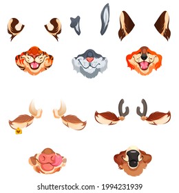 Animal face masks for social networks, selfie photo or video chat filter. Cute tiger, rabbit, fox and cow or deer muzzles, ears, noses and fur elements isolated on white background, cartoon vector set