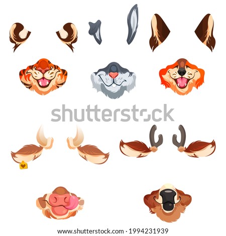 Animal face masks for social networks, selfie photo or video chat filter. Cute tiger, rabbit, fox and cow or deer muzzles, ears, noses and fur elements isolated on white background, cartoon vector set