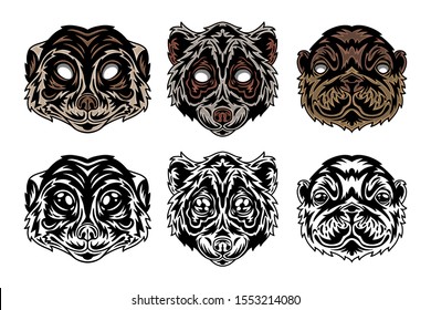 Animal face Meerkat, Lori Lemur, Sea otter vintage retro style. Vector illustration isolated on white background. Design element for logo, badge, tattoo, banner, poster.