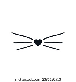Animal face with mustache logo icon sign Cat nose heart emblem Hand drawn ink sketch Yummy decorative concept Cute design Cartoon children's style Fashion print clothes apparel greeting card poster ad