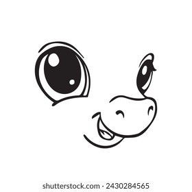 Animal face outline drawing, cute face with eyes and nose, fawn, pony or piglet. Vector line drawing for children, embroidery.