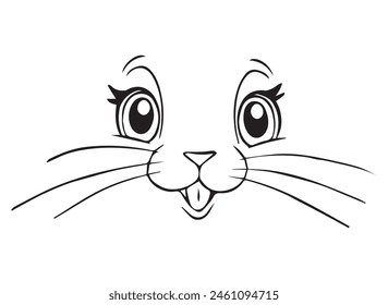 Animal face outline drawing, cute cat face with eyes and nose, fawn, pet, mascot. Smiling head of the beast. Vector line drawing for children, embroidery.