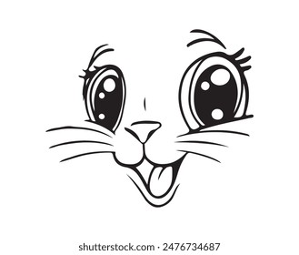 Animal face outline drawing, cute cat face with eyes and nose, fawn, pet, mascot. Smiling head of the beast. Vector line drawing for children, embroidery.