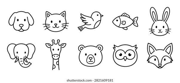 animal face outline vector icon set for commercial use in apps and websites on transparent background