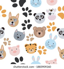 Animal face with paw footprint. Vector seamless pattern.