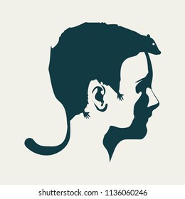 An animal or face profile view. Optical illusion. Human head with abstract rodent as haircut
