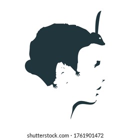 Vista de perfil animal o facial. Ilusión óptica. Cabeza humana con roedor abstracto como corte de pelo