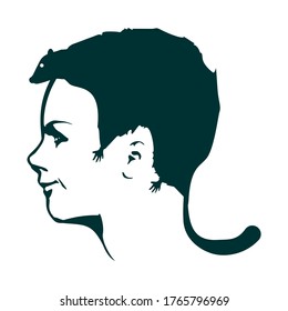 An animal or face profile view. Optical illusion. Human head with abstract rodent as haircut