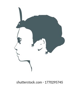 An animal or face profile view. Optical illusion. Human head with abstract rodent as haircut