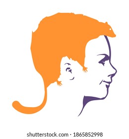 An animal or face profile view. Optical illusion. Human head with abstract rodent as haircut