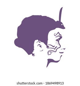 An animal or face profile view. Optical illusion. Human head with abstract rodent as haircut