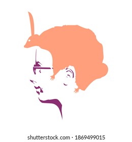 An animal or face profile view. Optical illusion. Human head with abstract rodent as haircut