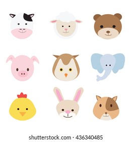 animal face set. vector collection funny animals. Cute animals: forest, farm, domestic, polar in cartoon style. 