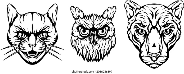 Animal face set. Vector isolated illustration. Wild animal design for tattoo.